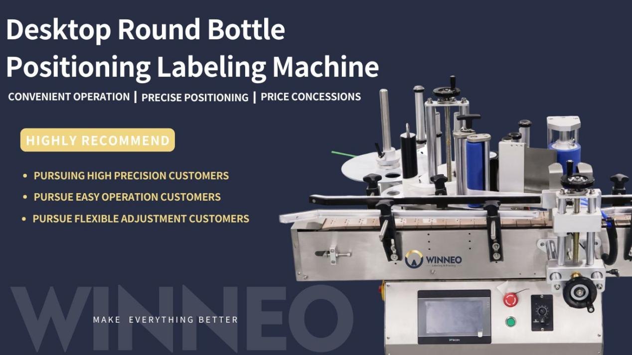Automatic round surface labeling machine, designed for labeling round bottles and containers